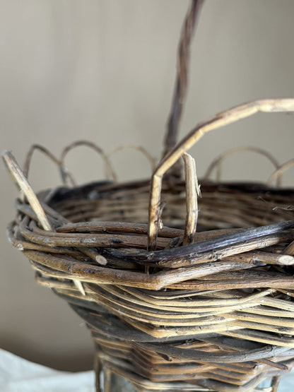 Primitive Antique Twig Basket With Metal Insert Home Decor