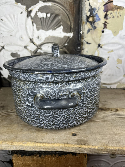 Antique Vintage Grey Enamelware Pan W/Cover Collectible Home Decor