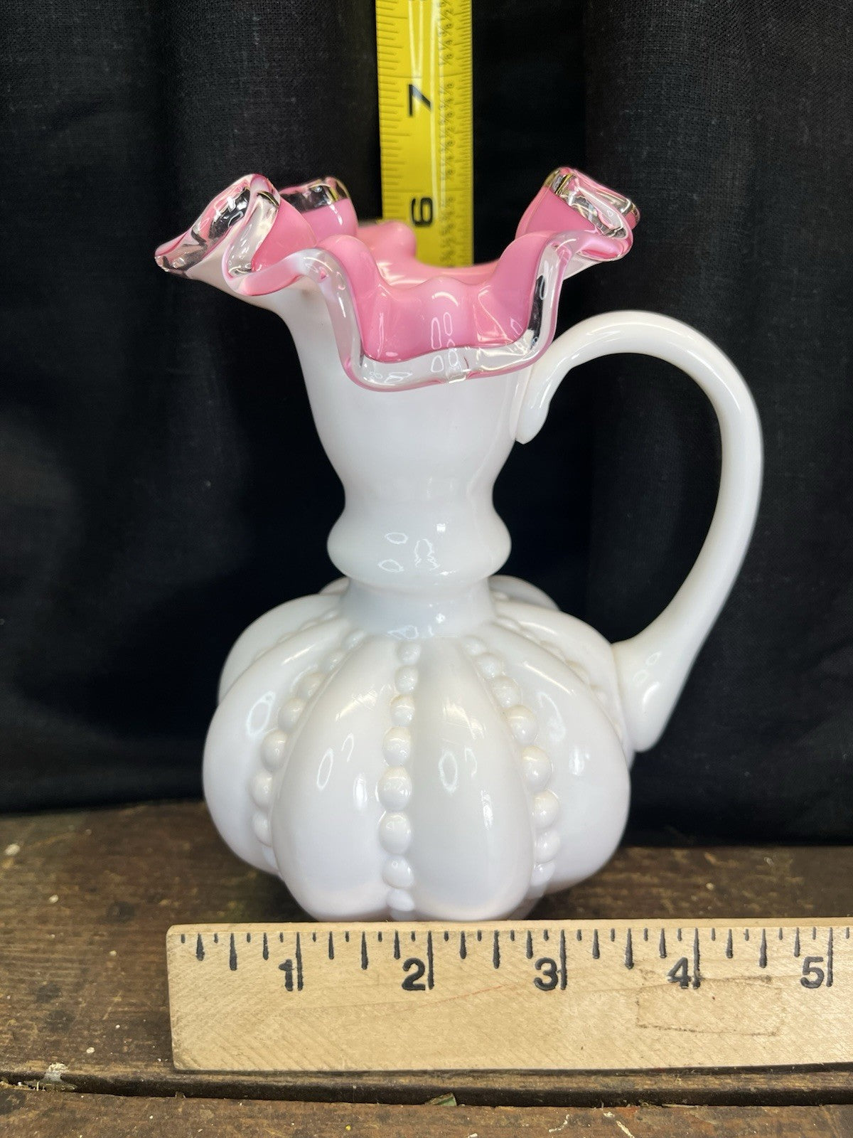  Vintage Collectible Pink & White Ruffled Fenton Pitcher