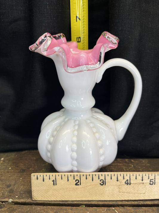  Vintage Collectible Pink & White Ruffled Fenton Pitcher