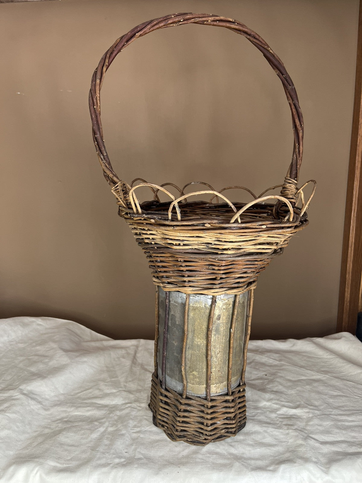 Primitive Antique Twig Basket With Metal Insert Home Decor