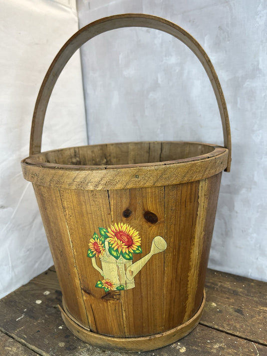 Vintage Sunflower Wood Pail Farm Decor