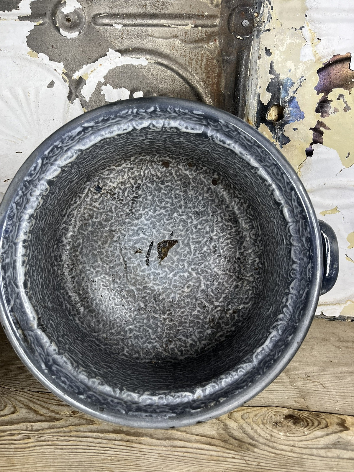 Antique Vintage Grey Enamelware Pan W/Cover Collectible Home Decor