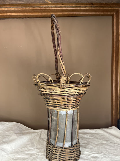 Primitive Antique Twig Basket With Metal Insert Home Decor