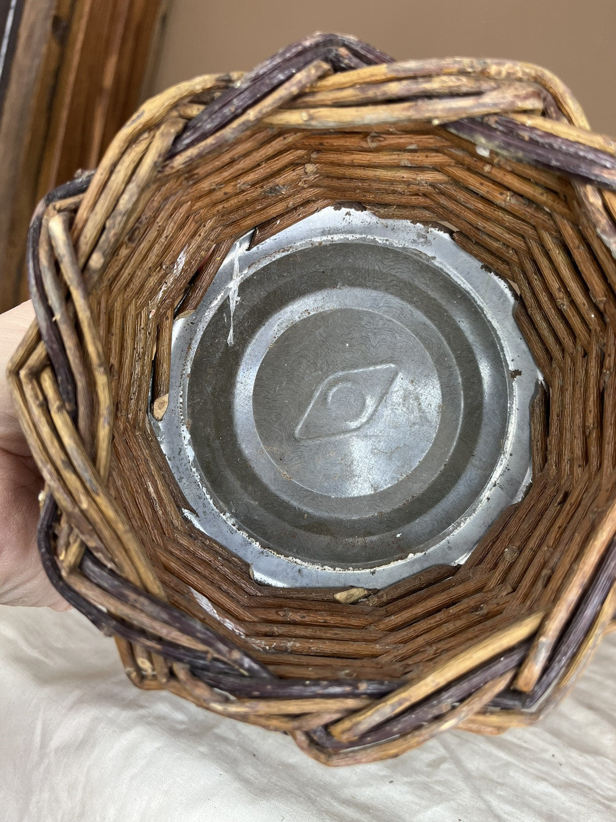Primitive Antique Twig Basket With Metal Insert Home Decor