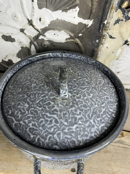 Antique Vintage Grey Enamelware Pan W/Cover Collectible Home Decor