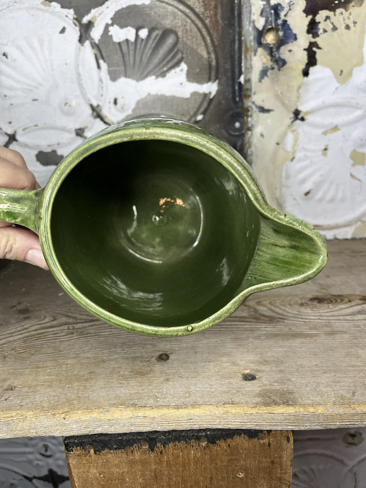 Antique Vintage Greenware Collectible Pitcher With Manufacturing Flaws Home Deco