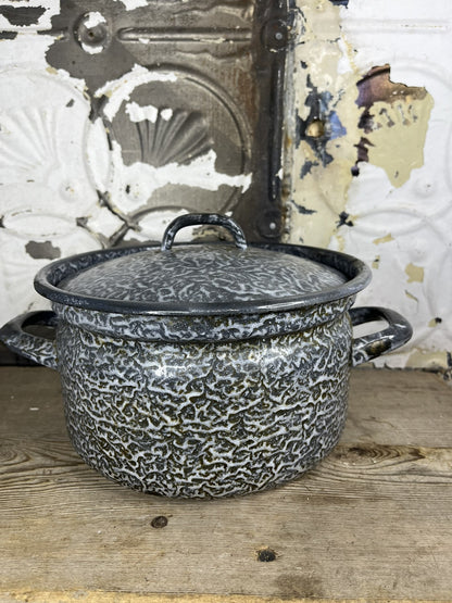 Antique Vintage Grey Enamelware Pan W/Cover Collectible Home Decor