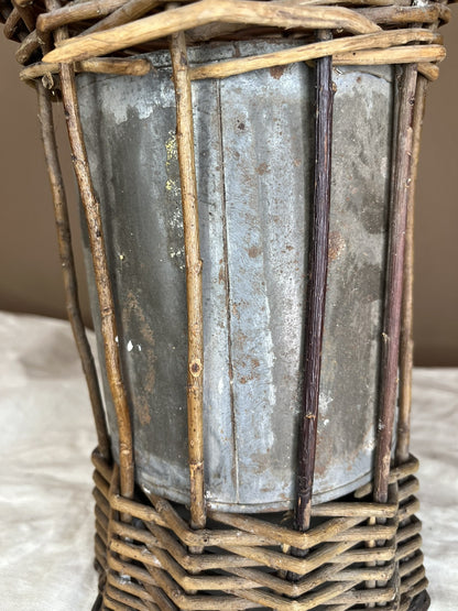Primitive Antique Twig Basket With Metal Insert Home Decor