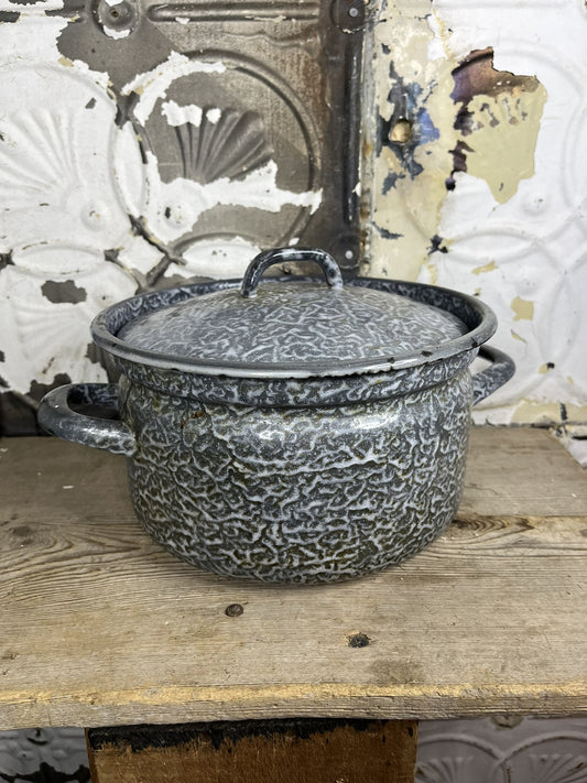 Antique Vintage Grey Enamelware Pan W/Cover Collectible Home Decor