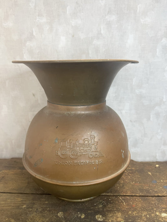 Vintage Collectible Mancave Double Sided Union Pacific Railroad Spittoon Brass
