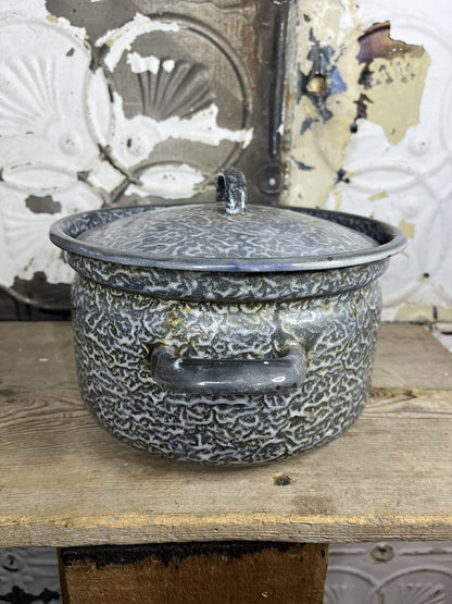 Antique Vintage Grey Enamelware Pan W/Cover Collectible Home Decor