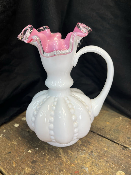  Vintage Collectible Pink & White Ruffled Fenton Pitcher