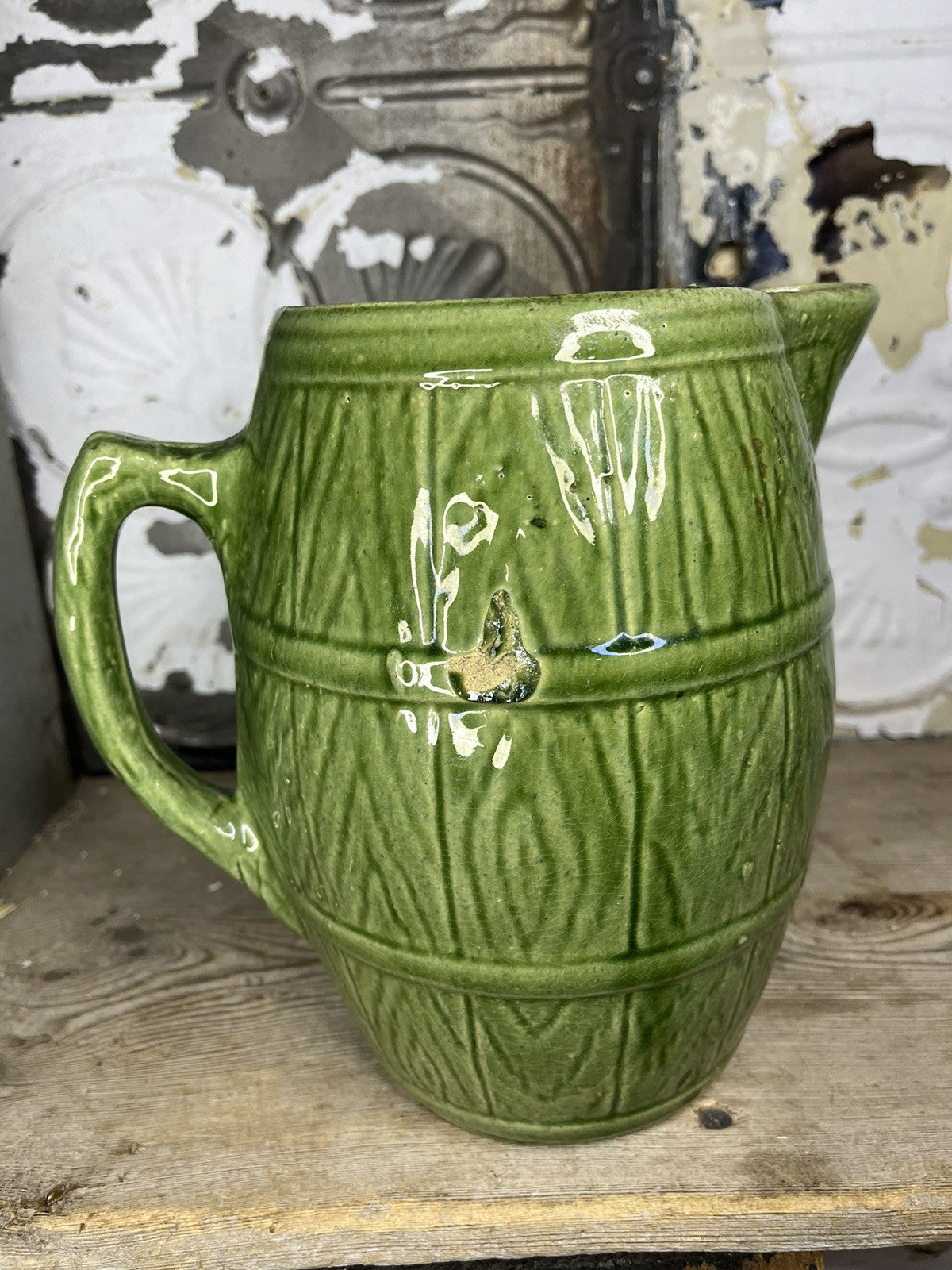 Antique Vintage Greenware Collectible Pitcher With Manufacturing Flaws Home Deco