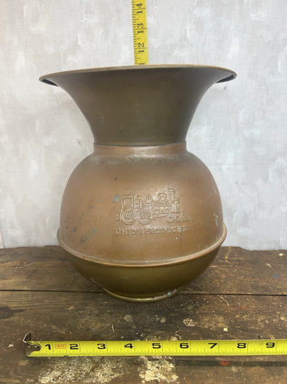 Vintage Collectible Mancave Double Sided Union Pacific Railroad Spittoon Brass
