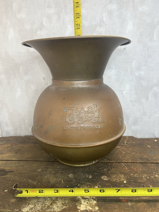 Vintage Collectible Mancave Double Sided Union Pacific Railroad Spittoon Brass